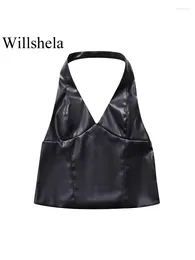 Women's Tanks Women Fashion PU Black Backless Side Zipper Cropped Tops Vintage Halter Neck Sleeveless Female Chic Lady