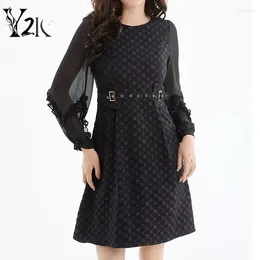 Casual Dresses Y2K Clothes Autumn Spring Black Long Sleeve Midi For Women Vintage Flower O-neck Elegant Hepburn Dress Lady Vestido