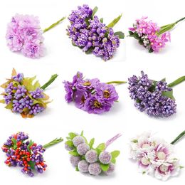 6-90pcs Purple Hybrid Artificial Flower Cherry Stamen Berries Bundle DIY Cake Christmas Wedding Decor Craft Wreath Accessories