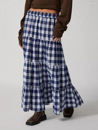 Skirts 2024 Fashion Women's Plaid Skirt Vintage Loose Fitting Elastic Waist Ruffled Tiered Long For Spring Summer