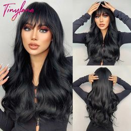 Synthetic Wigs Tiny Lana Natural black long wave synthetic wig with bangs suitable for womens bodies dark brown role-playing daily hair heat-resistant Q240523