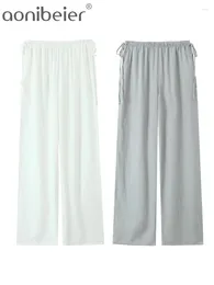 Women's Pants Aonibeier Thin Faux Linen Women Wide Leg 2024 Summer Drawstring Lace Up High Waist Long Pant Female Trousers Y2K Tall