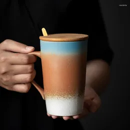 Mugs Japanese 380ml Mug Ceramic With Lid And Spoon Tea Cup Retro Home Coffee Creative Personality Trend Couple