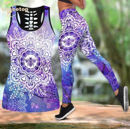 Women's Tanks Female Love Bee Mandala 3D Print Women Two Piece Yoga Set Vest Hollow Combo Tank Top Legging Waist Sport Fitness Quick Dry