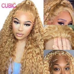 Honey Blonde Curly Lace Front Wigs Human Hair 13x4 HD Deep Wave Wig 200% Density Pre Plucked #27 Coloured