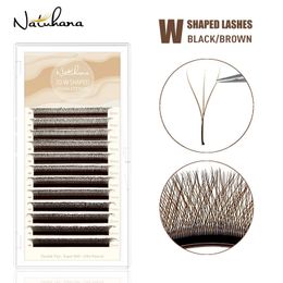 NATUHANA 3D W Shape Individual Lashes Easy Fan W Style Black Eyelash Extensions Soft Mink W-Shaped Brown Eyelashes for Makeup 240524