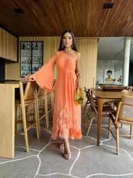 Basic Casual Dresses 2024 New Solid Womens One-Shoulder Sexy Lady Long Skirt Slit Ruffled Tassel Swing Evening Dress T240523