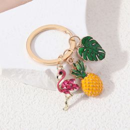 Cute Red-Crowned Crane Pineapple Leaves Enamel Keychain Summer Lovely Animal Plant Key Chain For Making DIY Jewelry Handmade