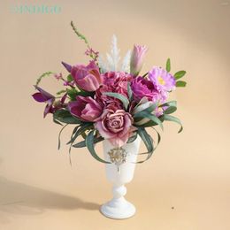 Decorative Flowers 1 Set Purple Rose Protea Artificial Flower Arrangment With Metal Vase Home Decoration Party Event Interior Display -