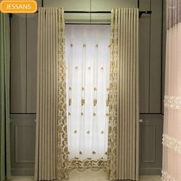 Curtain Custom Embroidered Window Screen Splicing Milk Tea Jacquard Chenille Curtains For Bedroom Living Room French Balcony Bay