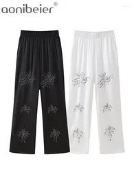 Women's Pants Aonibeier Y2K White Women Wide Leg 2024 Summer Beaded Embroidery Elastic High Waisted Female Trousers Long Pant