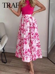 Skirts 2024 Woman Pink Floral Printed Casual Loose Skirt Women Chic A Line High Waist Long Y2K Streetwear For Beach Holiday