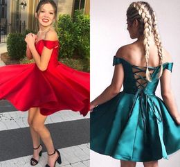 Lovely Short Homecoming Dresses Off Shoulder A Line Satin Prom Dress With Criss Corss Backless Junior Graduation Party Gowns BC18691