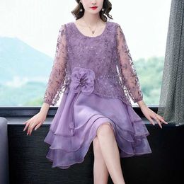 Basic Casual Kleider Sommer Purplemesh bestickte Blume Midi Kleid Damen Neue Modesleichte Casual Ball Kleid 2024 Koreanisch Vintage Elegant Lose Fittj5n4