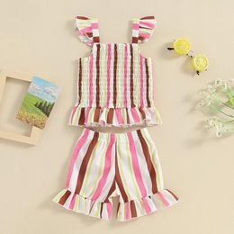 Clothing Sets Girls Summer 2 Piece Set Square Neck Striped Cami Tops Elastic Waist Frill Trim Shorts Infant Toddler Contrast Colour Outfits