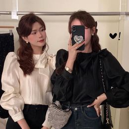 Women's Blouses Blouse Women Office Lady Korea French Style Long Sleeve Solid Knitted Bow O-Neck Belt Blusas Womens Tops And