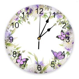Wall Clocks Purple Flower Butterfly Clock Modern Design Living Room Decoration Mute Hanging Watch Home Decor