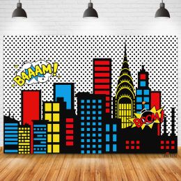 Custom Name Birthday Backdrop Superhero Super Hero Comic City Buildings Baby Shower Boy Photography Backgrounds For Photo Studio