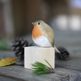 Robin wood carving ornaments Nordic style small fat bird handmade home decoration crafts 240522