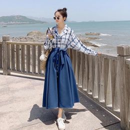 Casual Dresses Fashion Plaid Spliced Single Breasted Long Sleeve Shirt Dress 2024 Spring Women Elegant Loose Korean Maxi Bandage 8102