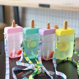 Water Bottles Cute Straw Cup Plastic Popsicle Bottle With Rope Outdoor Transparent Juice Drinking Suitable For Adult Children