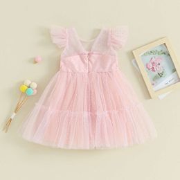 3 Colors Toddler Baby Girls Princess Ruffles Flying Sleeve Swiss Dot Lace Tulle Tutu Knee Length Dress