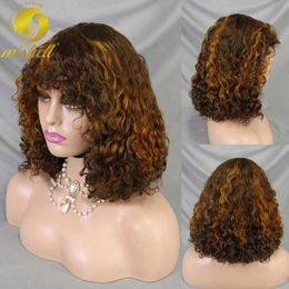 Synthetic Wigs Short Elf Bob cut human hair wig with bangs Jerry curled gumless machine made wig high gloss 4/30 womens water wave wig Q240523