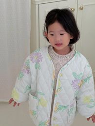 Down Coat Parkas Korean Childrens Clothing Winter Product Girls White Cotton Flower Jacket Round Collar Printing