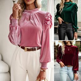 Women's T Shirts Turtleneck Elegant Autumn Winter Solid Lantern Sleeves Velvet Blouses Round Collar Loose Hollow Out Pullover Tops