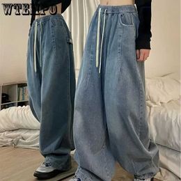 Women's Jeans Spring Womens Vintage Luggage Jeans Elastic Waist Extra Large American Mens Denim Wide Leg Street Wear Straight Basic Pants Y2k Q240523