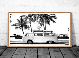 Vintage Coastal Pography Print Retro Bus Van Camper And Black Palm Tree Canvas Painting Wall Picture Coastal Art Decor2221096