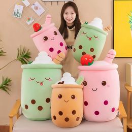 Kawaii Milk Boba Tea Cup Plushie Toy Stuffed Doll Soft Strawberry Bubo Cushion Cute Cup Shape Pillow Christmas Gift For Children 240511