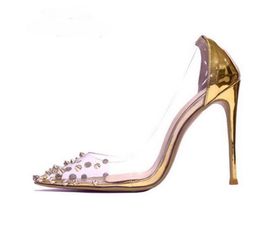 Mode Frauenschuhe sexy PVC Stilleto spitze Zehen Gold High Heels Frauen Nieten dünne Absatz transparente Hochzeit Ladies Schuhe Sandalen 8714994