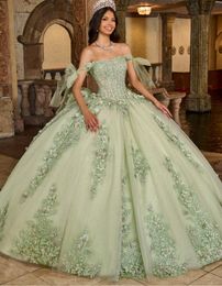 Elegant Mint Green Quinceanera Dresses Ball Gown Off Shoulders Lace Appliques Crystal Beads Sweeteart Corset Back With Bow Sash Sweet 16 Dress BC18533