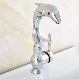 Kitchen Faucets Silver Polished Chrome Brass Swivel Spout Single Handle Cute Animal Dolphin Style Bathroom Sink Faucet Mixer Tap Msf853