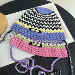 Berets Spring Summer Tassel Hollowed-out Air-friendly Sun Basin Hat Women Japanese Pink Blue Striped Hand-knitted Lace-up Bucket