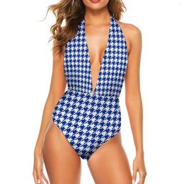 Women's Swimwear Blue Houndstooth Swimsuit Classic Retro Print Push Up Sexy One Piece Lace Monokini Kawaii Swimsuits Plus Size