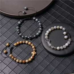 Men Natural Stone Bracelet Cross Beads Braided Bracelet Classic Malachite Onyx Bracelets for Women Men Healing Rosary Jewellery