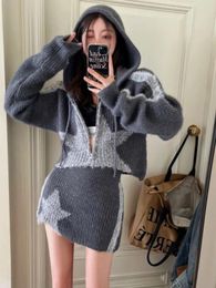Work Dresses Deeptown Vintage Y2K Knitted Two Piece Sets Women Harajuku Kpop Star Cropped Sweater Cardigan Mini Skirts Female Casual
