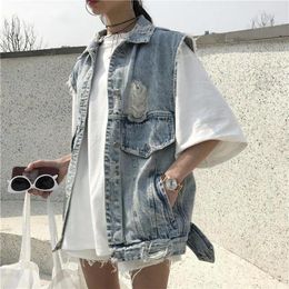 Women's Vests 2024 Men's And Ripped Denim Vest Sleeveless Top Coat Korean Fashion Streetwear Retro Loose Spring Summer Student Jacket