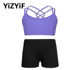 Kids Girls Yoga Costume Outfit Tanks Bra Tops Crop Top With Shorts Activewear Set Children Ballet Dance Workout Exercise Clothes8902282