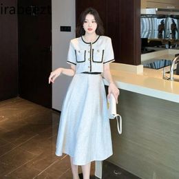 Work Dresses Irabeezt Retro Skirt Set O-neck Young Lady Printed Short Coats Tops Pleated A-line Skirts Summer Korean Style Two Piece Sets