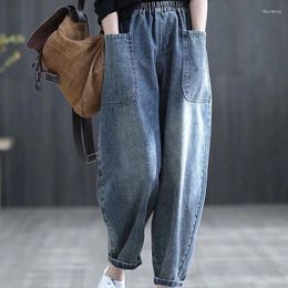 Women's Jeans Women's Elastic Waist Ninth Harem Oversize Pants Jean Large Vintage Clothing Korean Fashion Wide Leg Trousers Urban Woman