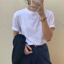 Summer Pure Cotton Women Top Short Sleeved Spring and Autumn Inner Matching Loose Bottomed Shirt Korean Shoulder White T-shirt 240524