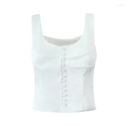 Women's Tanks YENKYE Polyester Women White Tank Top Sexy Sleeveless Front Button Female Slim Summer Crop