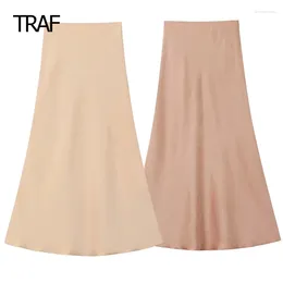Skirts High Waist Long Side Zipper Skirt Women's Summer Midi Satin Korean Style Elegant Designer Luxury