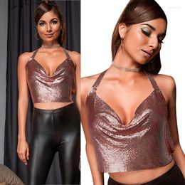 Women's Tanks Metallic Top Sequins Halter Deep V Neck Backless Crop Cropped Cami