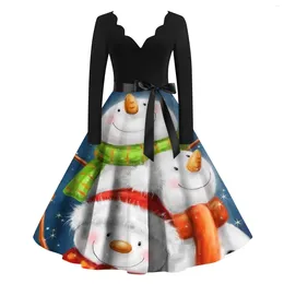 Casual Dresses Women Christmas Dress Winter Long Sleeve V Neck Pumpkin Print Halloween Costume Party Vintage Rockabilly Clothing