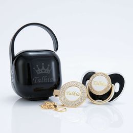MIYOCAR personalized any name gold black bling and clip pacifier box set BPA free dummy L2405