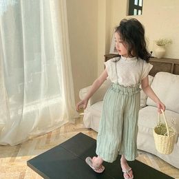 Clothing Sets Girls' Summer Set 2024 Children's Wear Sleeveless Knitted Tank Top And Suspender Pants Two-piece